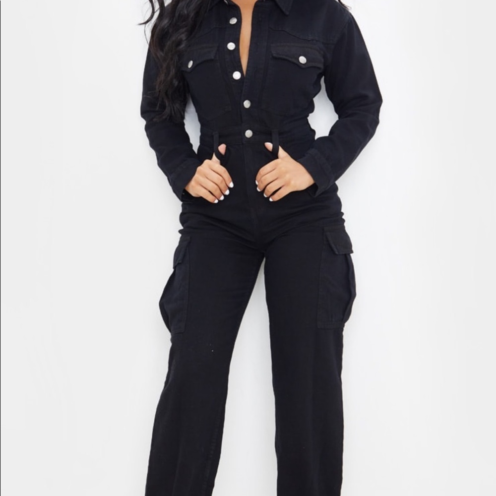 Petite Black Denim Wide Leg Jumpsuit